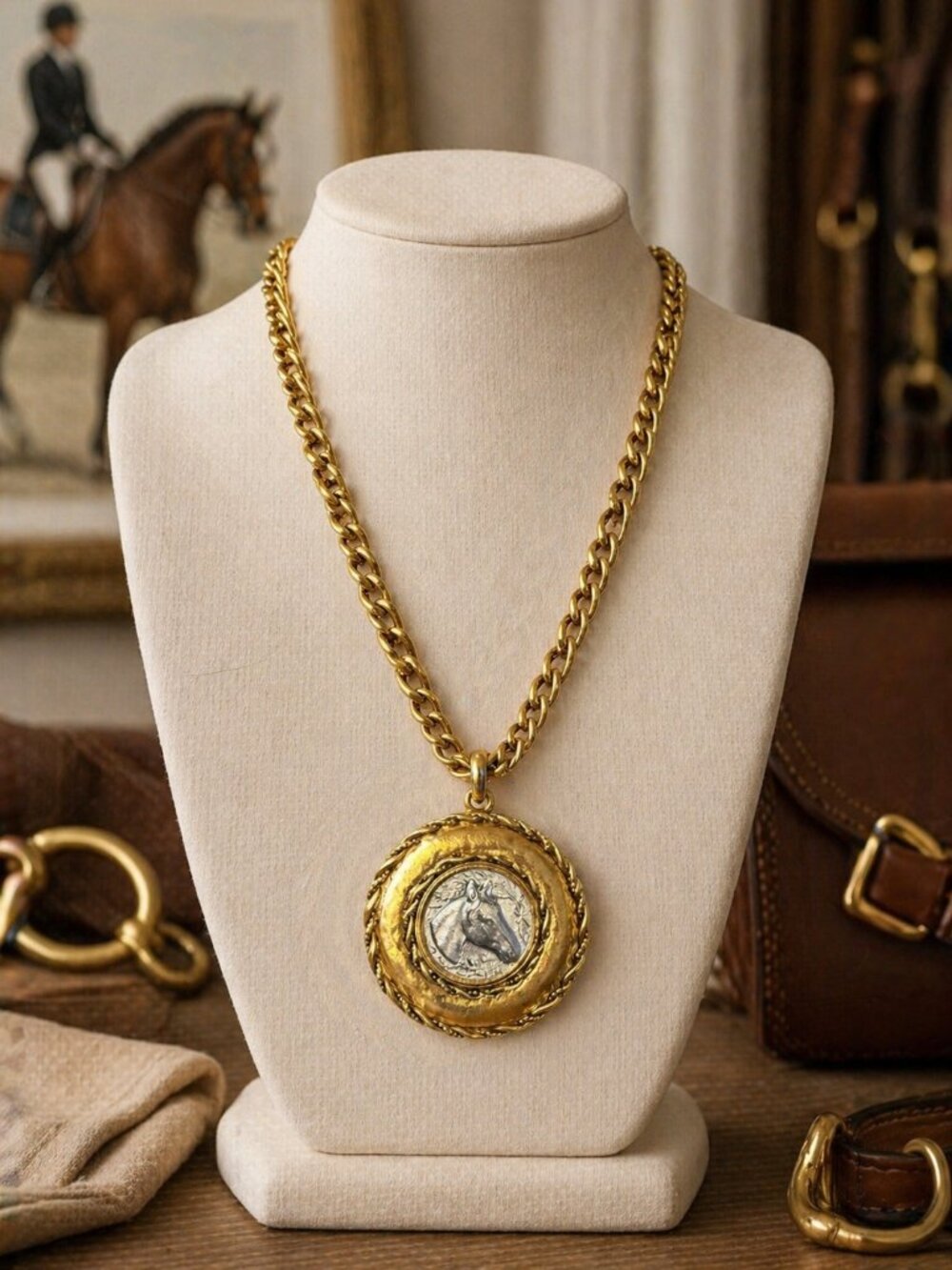 Two-Tone Horse Medallion Necklace | Gold Chunky Chain Equestrian Pendant | Yochi